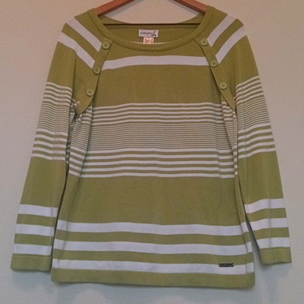 Collection L Green and White Striped Sweater Coastal Button Accent  Size 10